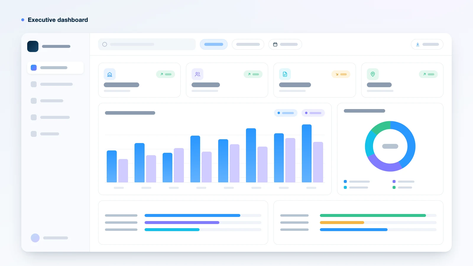 Illustration of an executive dashboard with indicator cards, a bar chart, a donut chart and progress bars