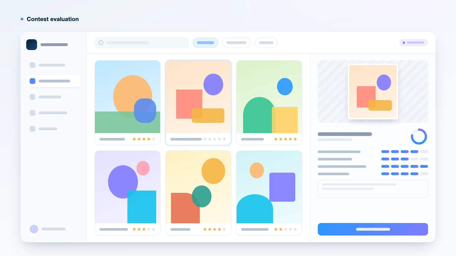 Illustration of an art contest evaluation screen with abstract artworks, star ratings and scoring criteria