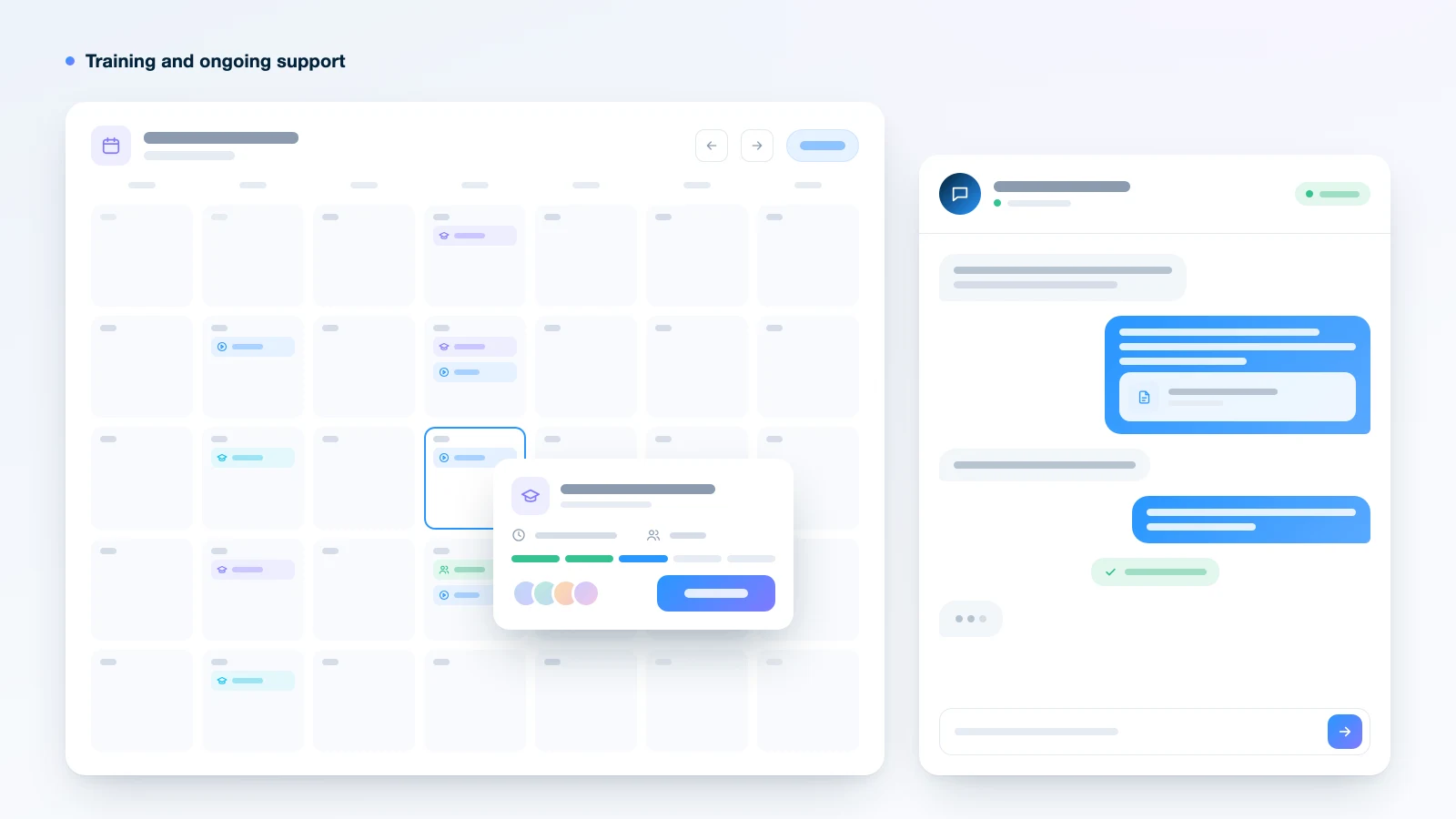 Illustration of a training calendar next to a support chat