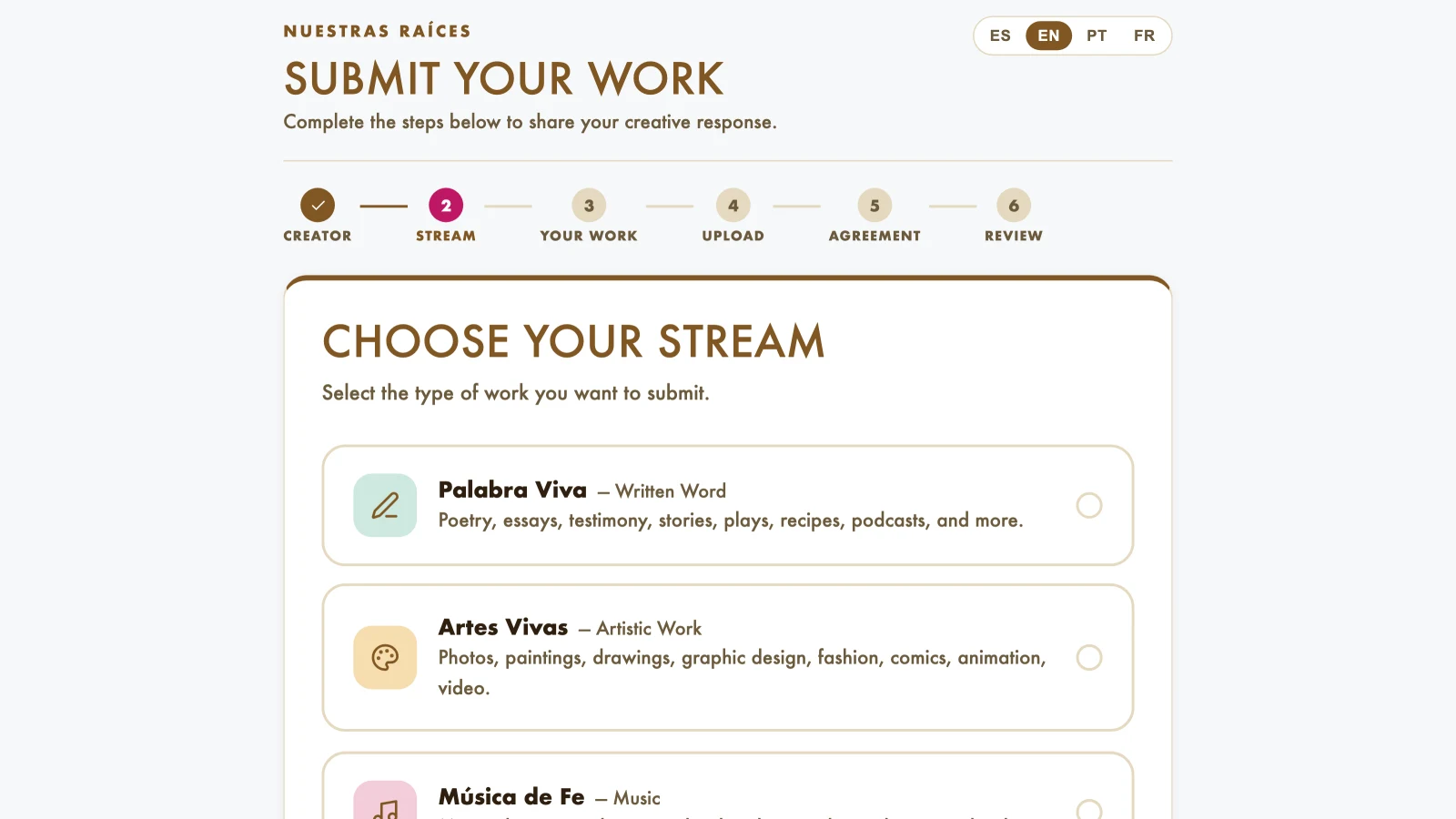 Submission form step where participants choose a stream: Palabra Viva, Artes Vivas or Música de Fe