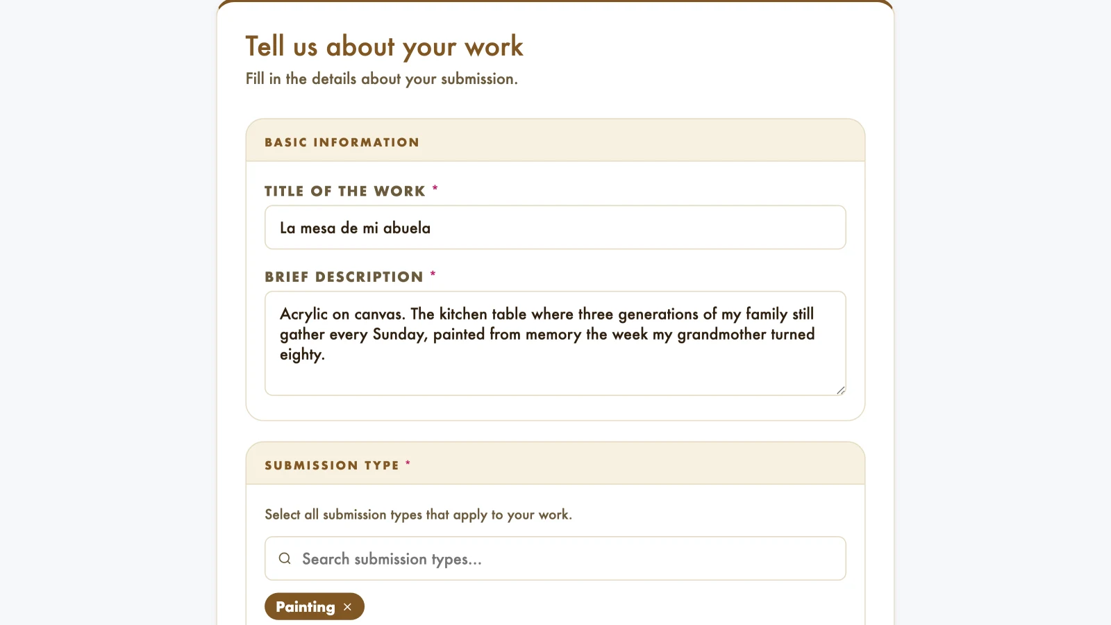 Form step to describe the work, with title, description and submission type
