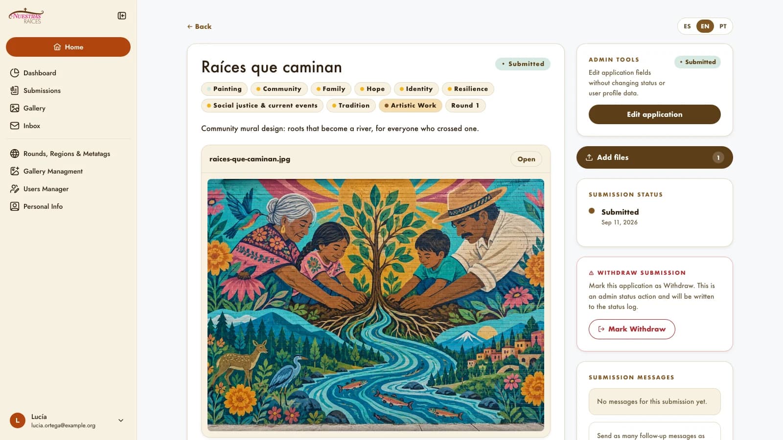 Review screen for a mural submission with tags, status tools and participant messages