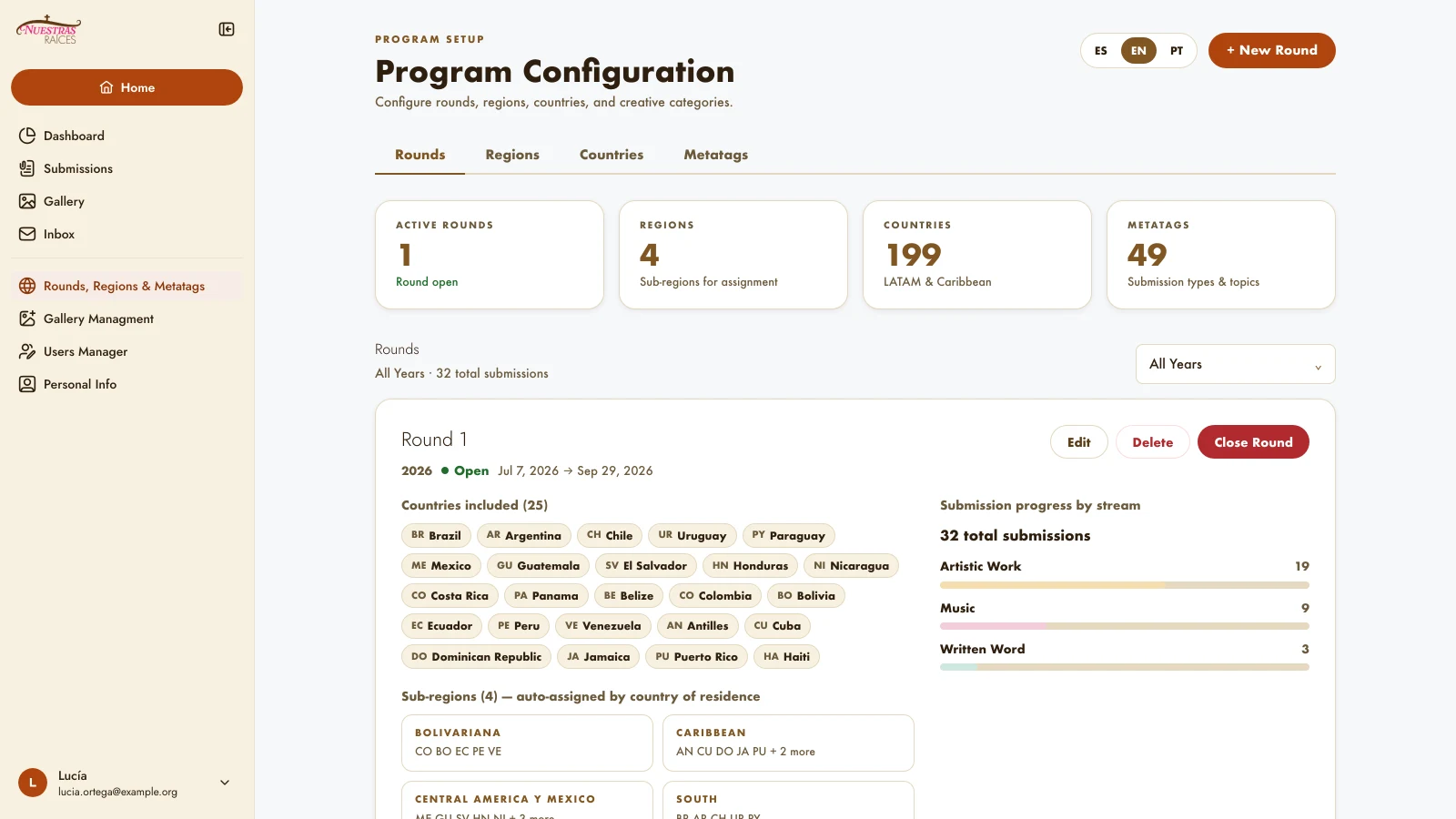 Program configuration with rounds, regions, countries and categories