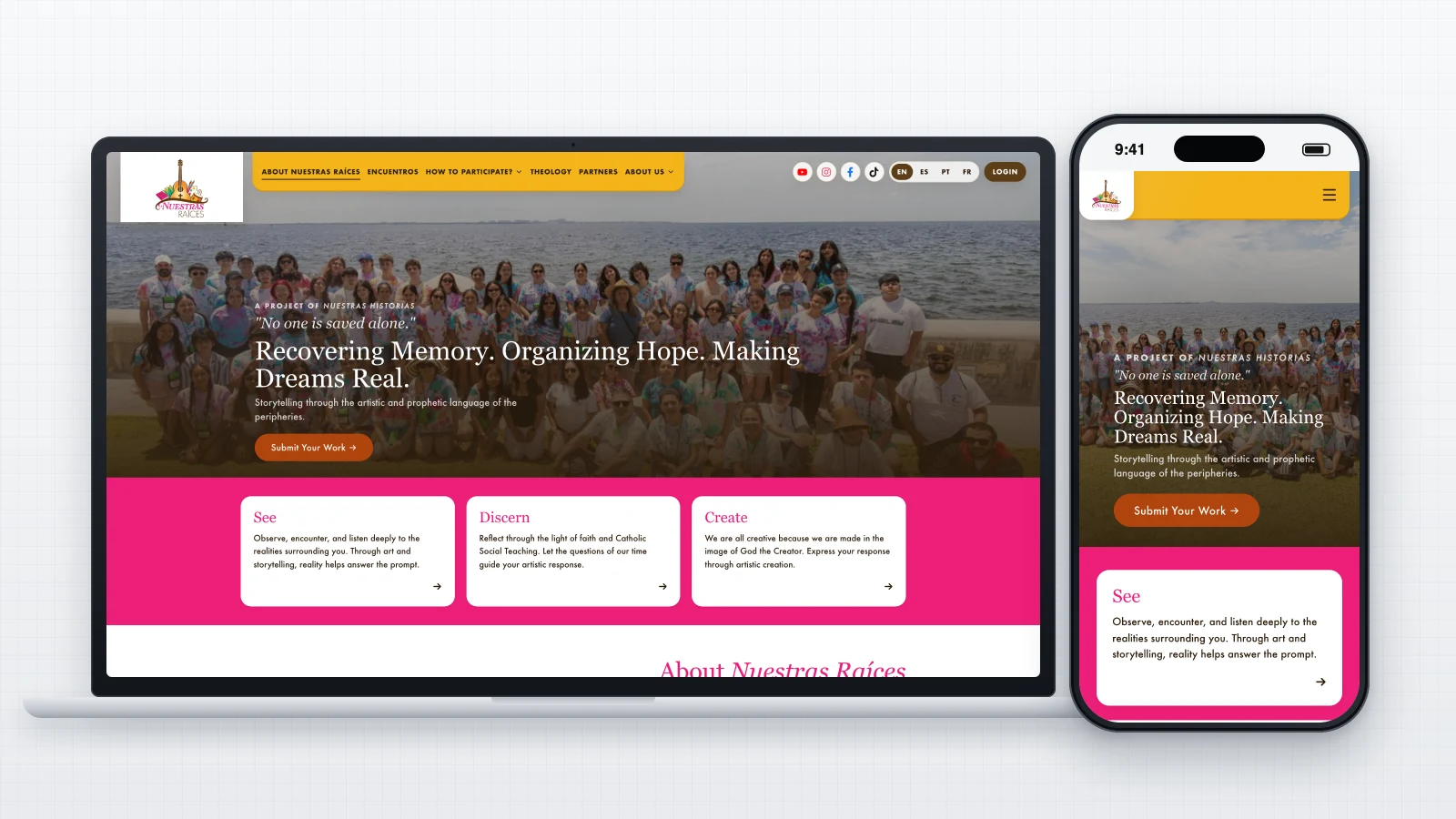The Nuestras Raíces homepage on a laptop and a phone side by side