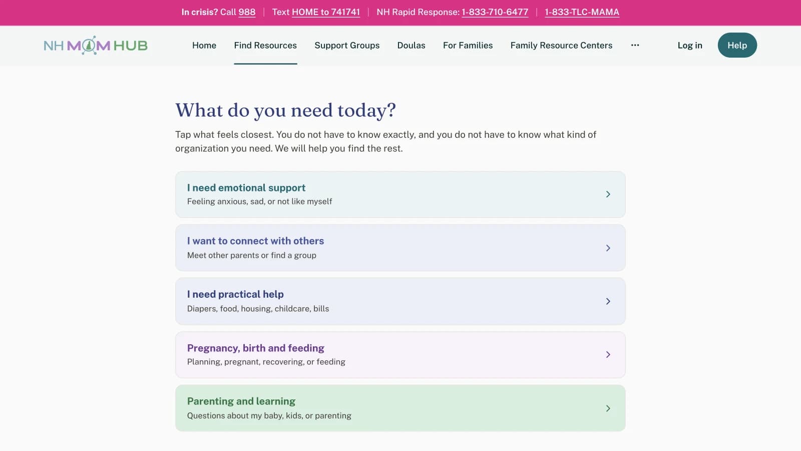 Need-based resource finder where families choose what they need, from emotional support to practical help