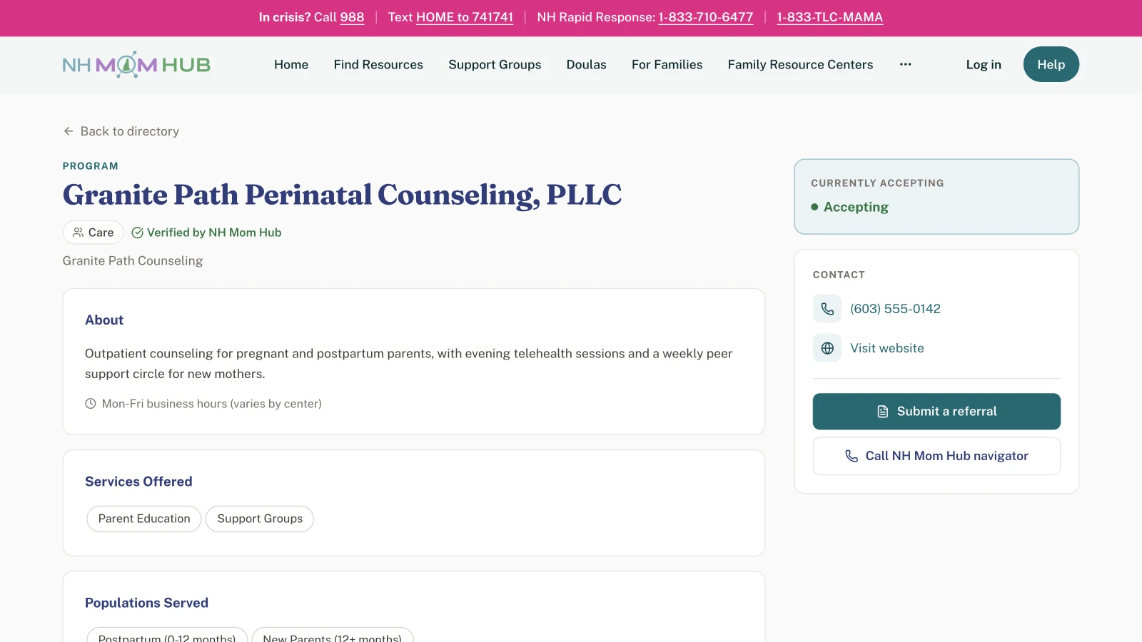 Resource detail page with services, populations served, availability and referral options