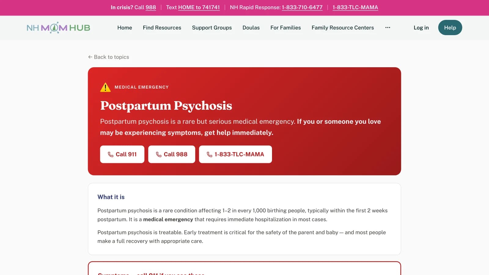 Postpartum psychosis education page with an emergency treatment that directs families to call 911 or 988