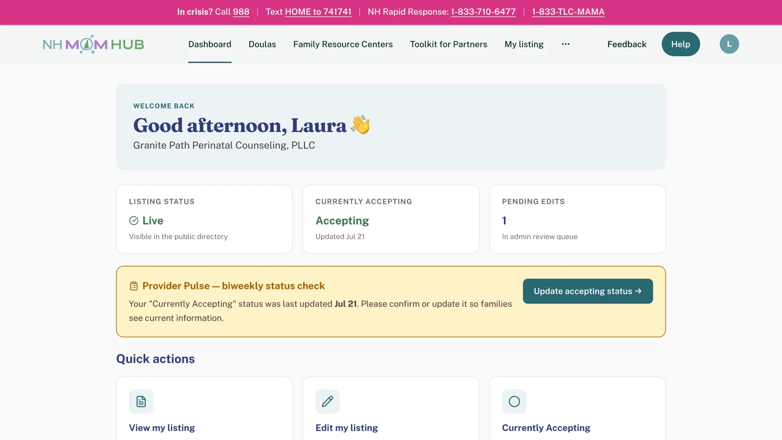 Provider dashboard showing listing status, availability and a biweekly status check