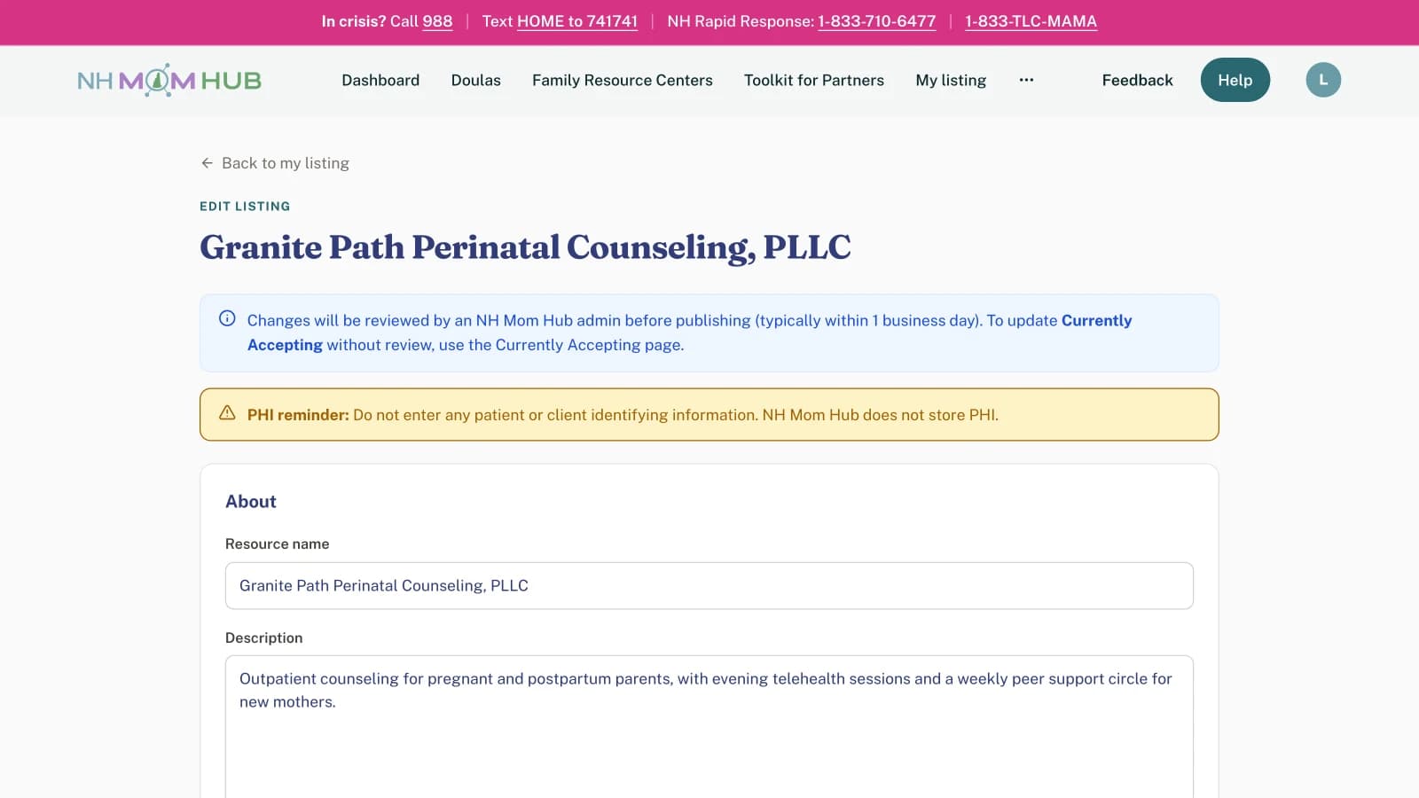 Provider listing editor where every change is reviewed by an admin before publishing