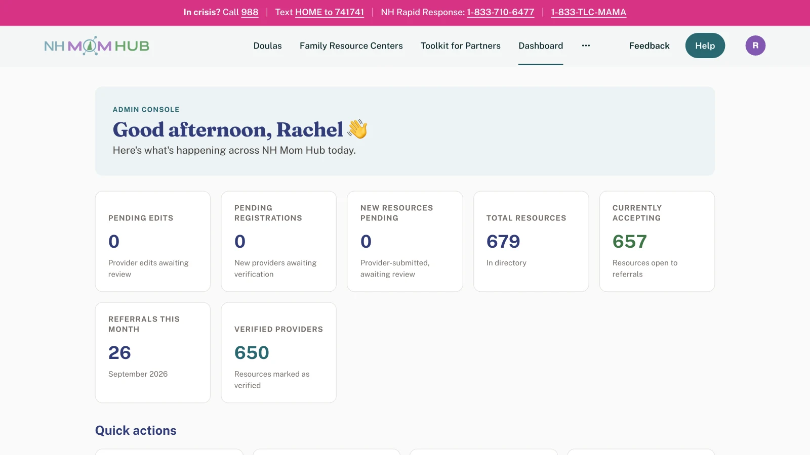 Admin console with directory totals, pending reviews and monthly referrals