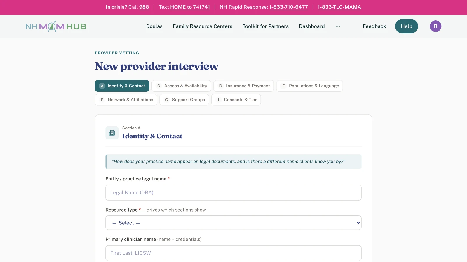 Provider vetting interview organized in sections from identity to consents