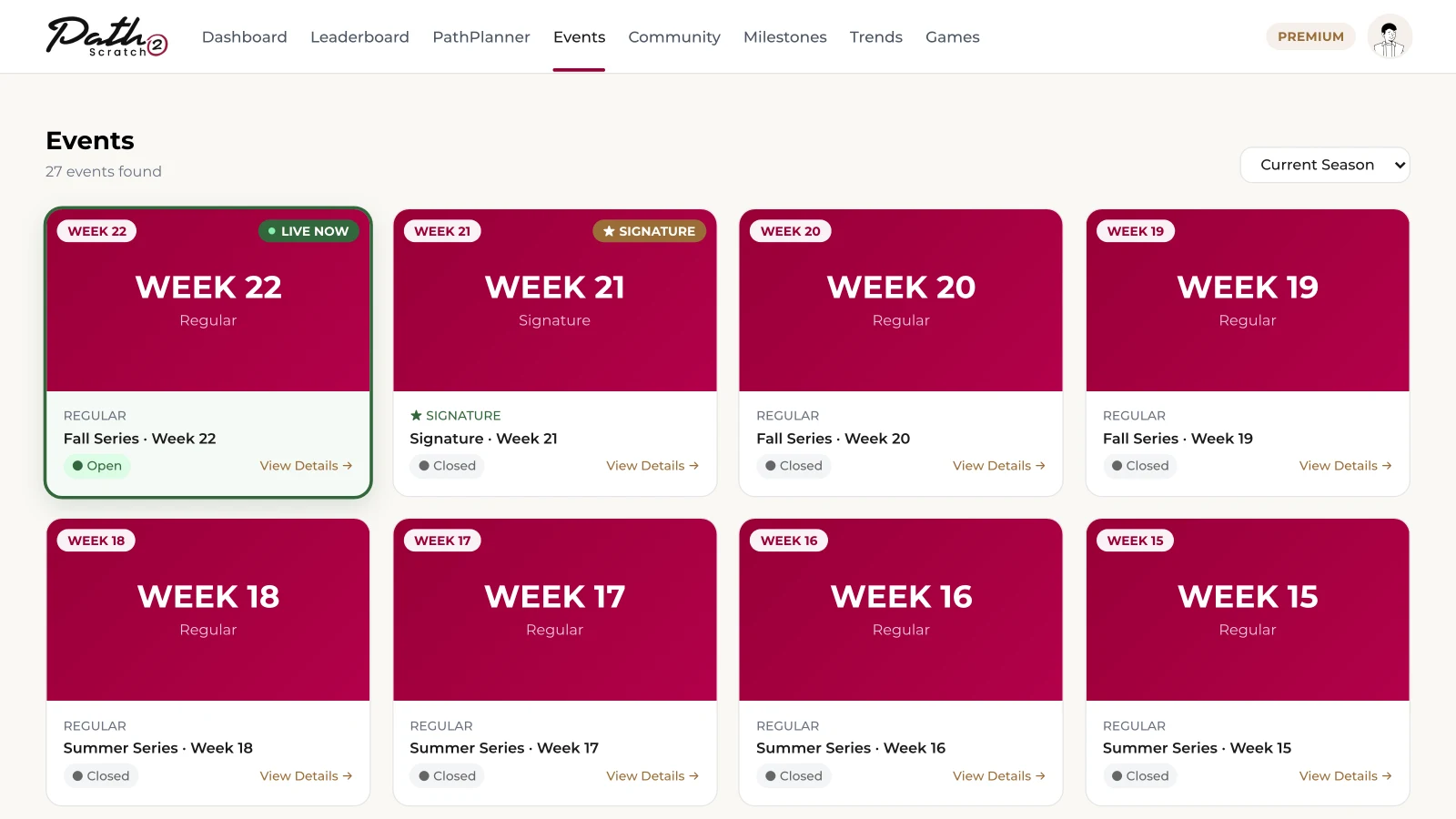 Grid of weekly events with the current week marked live now and a signature event badge on the previous week